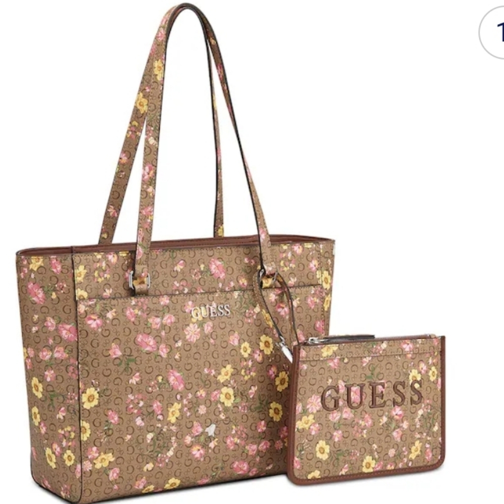 New Guess Floral Brown Tote and Pouch Set